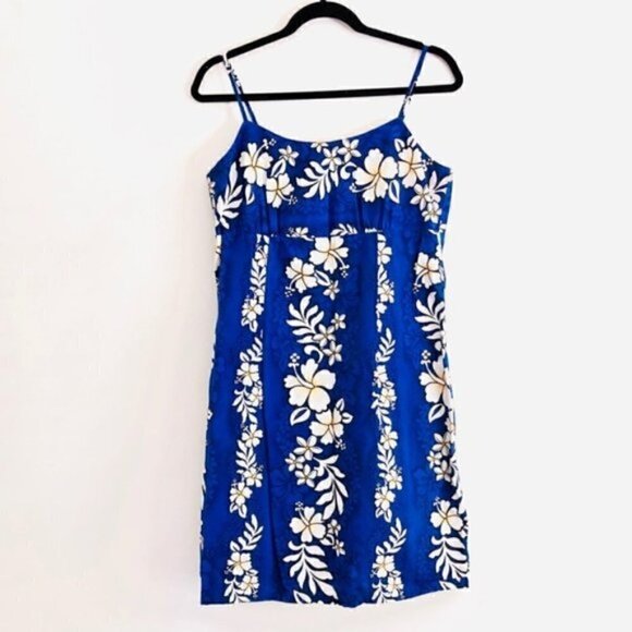jade fashions Dress L Hawaiian Vintage 90s Floral Print Blue Tropical Vacation - Picture 1 of 8